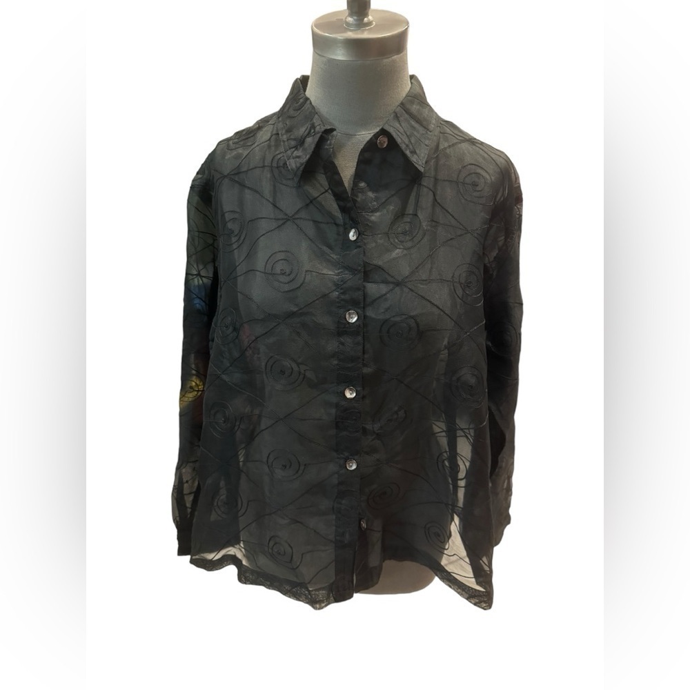 Chico's Black Embroidered Silk Blouse Size 2 (12)